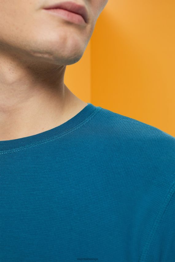 dolgi rokav sl Esprit moški waffle pique majica z dolgimi rokavi temno turkizna 6X446851
