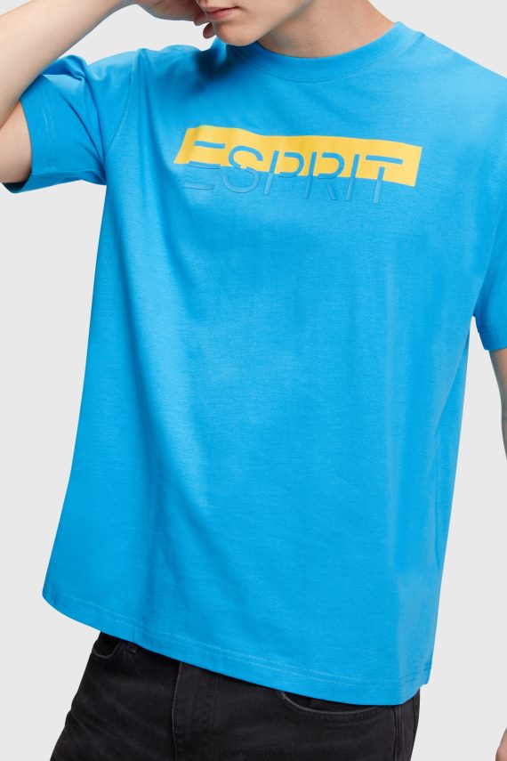 majice s kratkimi rokavi sl Esprit moški majica z logotipom v mat sijaju turkizna 6X446618