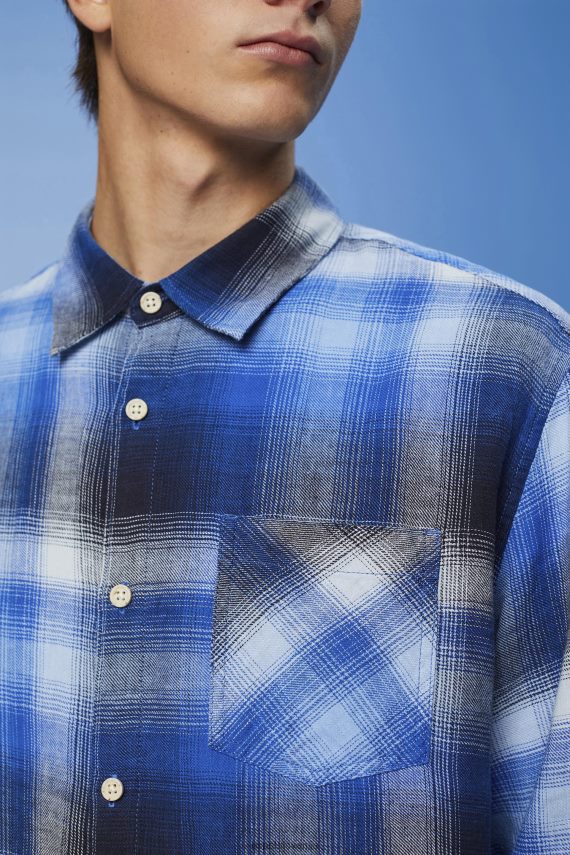 srajce sl Esprit moški srajca iz karirastega tartana iz mešanice bombaža in konoplje modra 6X446715
