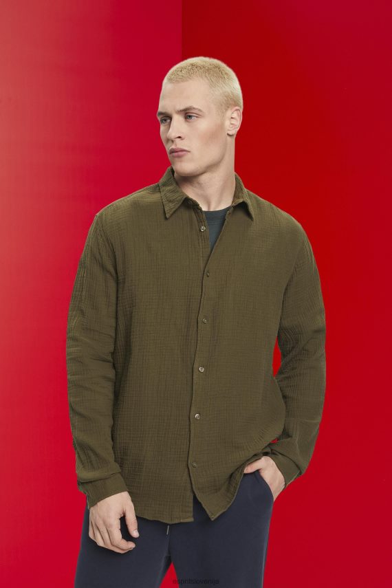 srajce sl Esprit moški trajnostna srajca iz bombažnega muslina kaki zelena 6X446756