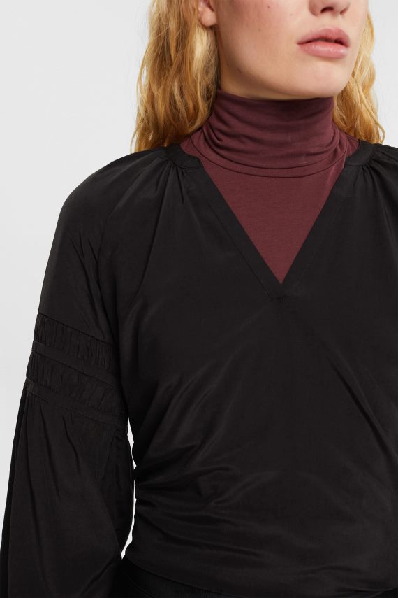 bluze sl Esprit ženske bluza z zadimljenimi detajli, lenzing ecovero Črna 6X446370