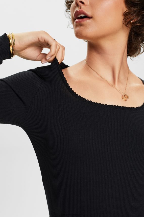 dolgi rokav sl Esprit ženske rebrast zgornji del z dolgimi rokavi Črna 6X44688