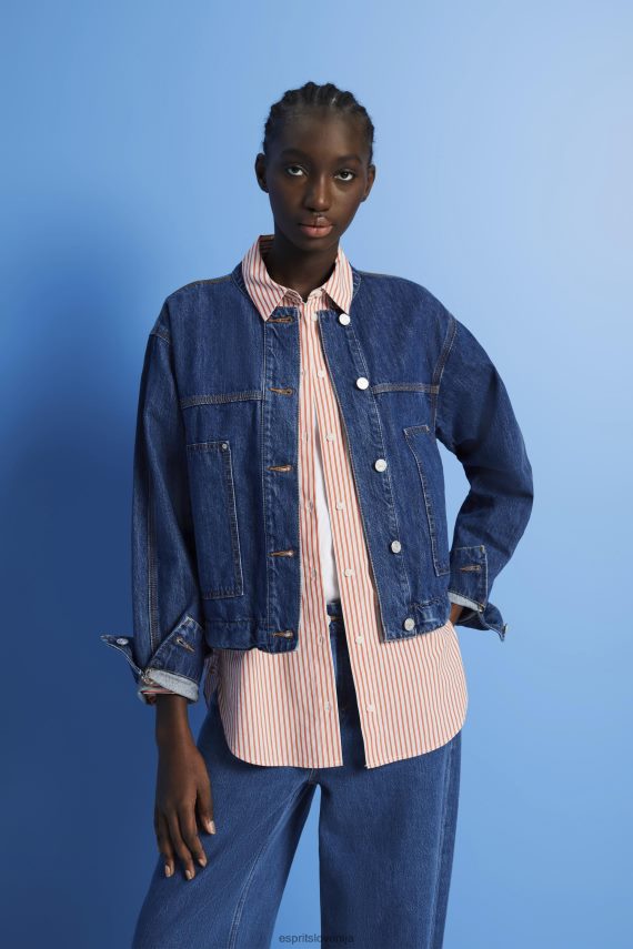 jakne sl Esprit ženske jeans jakna brez ovratnika z vrvicami modro temno pranje 6X446298