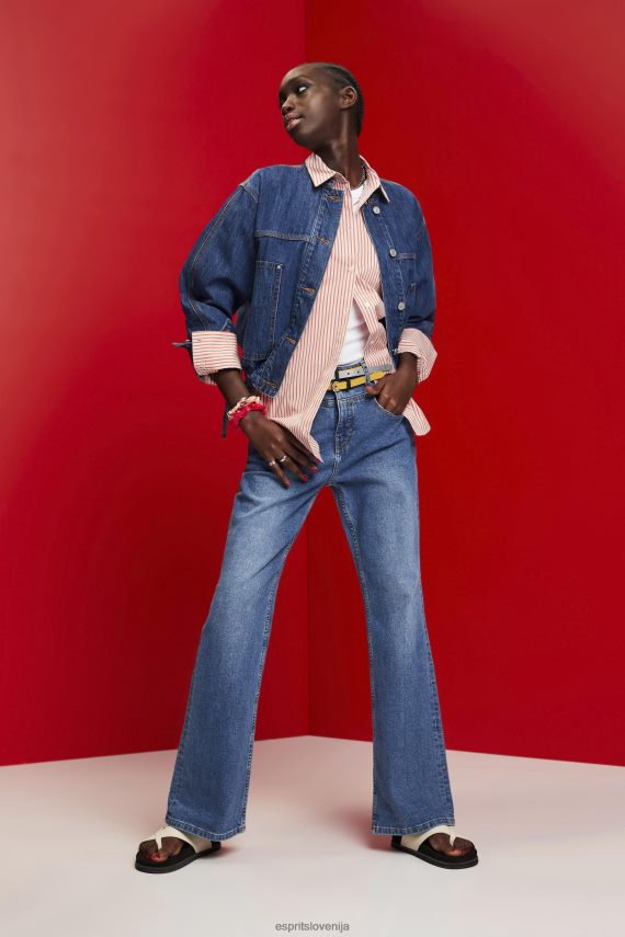 jakne sl Esprit ženske jeans jakna brez ovratnika z vrvicami modro temno pranje 6X446298