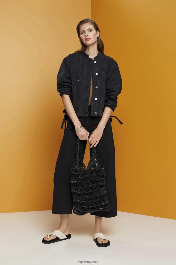 jakne sl Esprit ženske jeans jakna brez ovratnika z vrvicami črna srednje pranje 6X446297