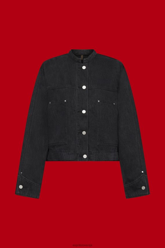 jakne sl Esprit ženske jeans jakna brez ovratnika z vrvicami črna srednje pranje 6X446297