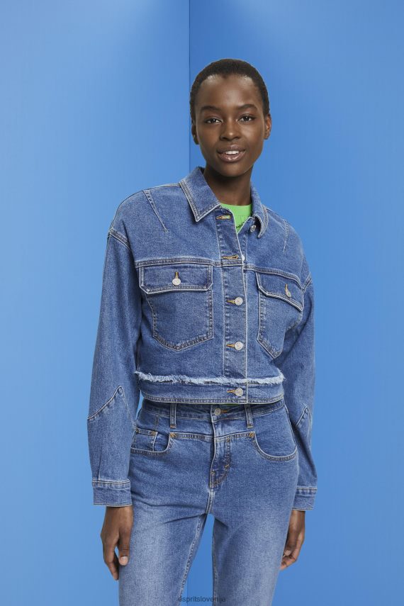 jakne sl Esprit ženske skrajšana denim jakna z obrabljeno obrobo modro temno pranje 6X446311
