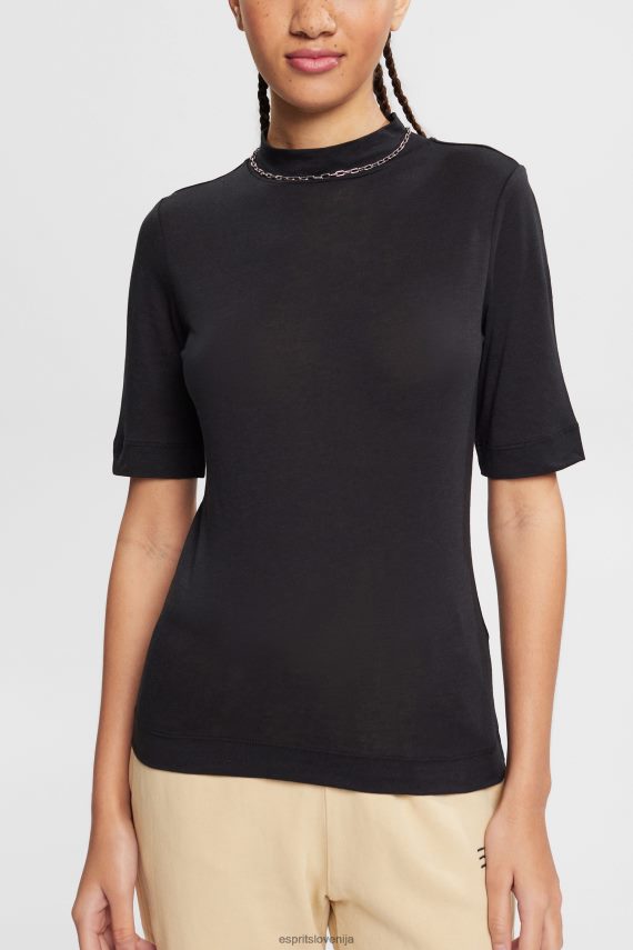 majice s kratkimi rokavi sl Esprit ženske majica s trakom ovratnika, tencel Črna 6X446374