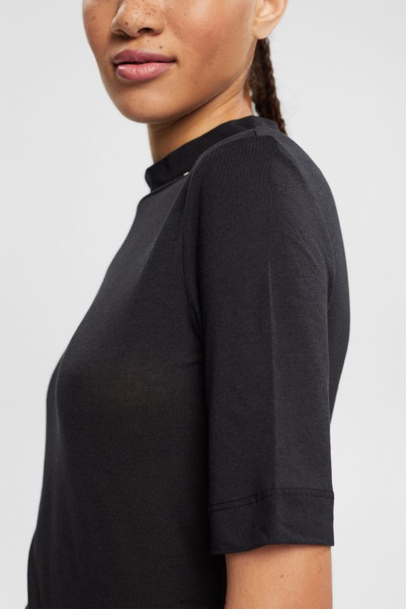 majice s kratkimi rokavi sl Esprit ženske majica s trakom ovratnika, tencel Črna 6X446374