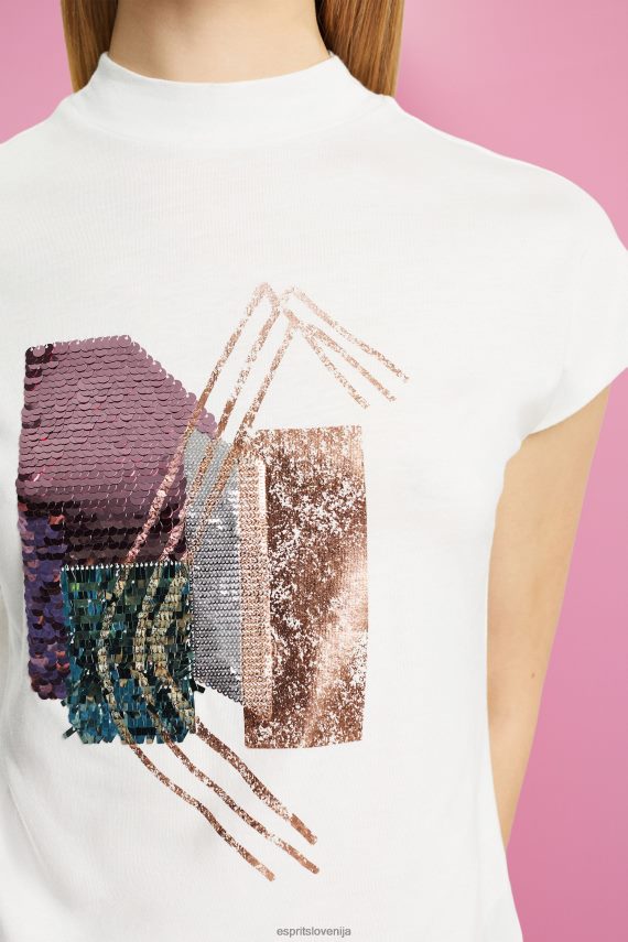 majice s kratkimi rokavi sl Esprit ženske majica z našitki z našitki, tencel umazano bela 6X446399