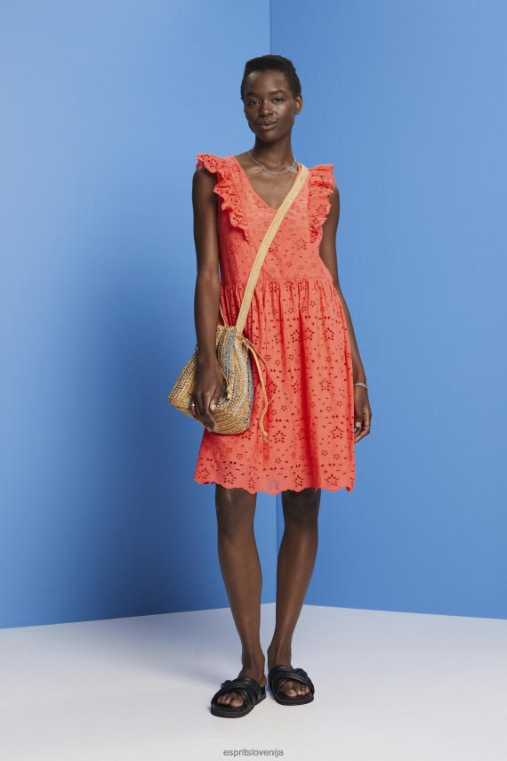 obleke sl Esprit ženske bombažna čipkasta obleka koralno oranžna 6X446192