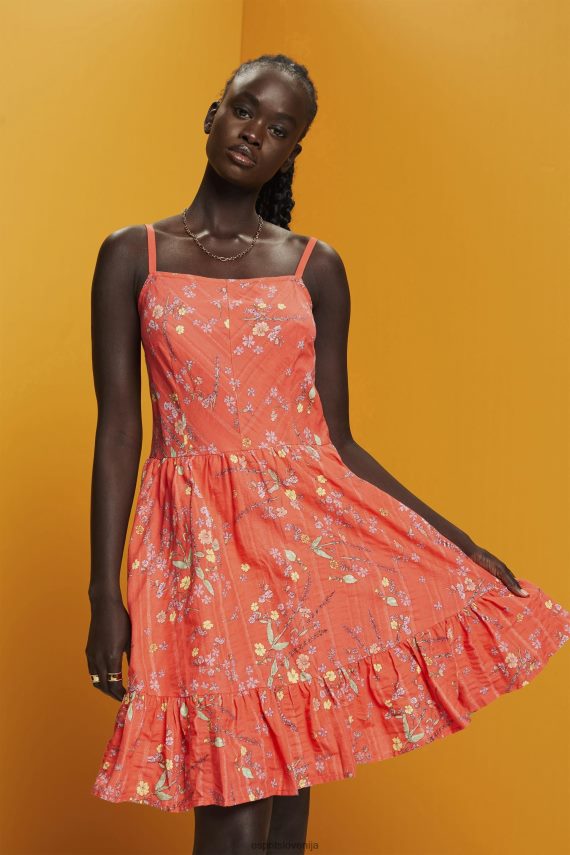 obleke sl Esprit ženske bombažna obleka s cvetličnim vzorcem do kolen koralno oranžna 6X446190