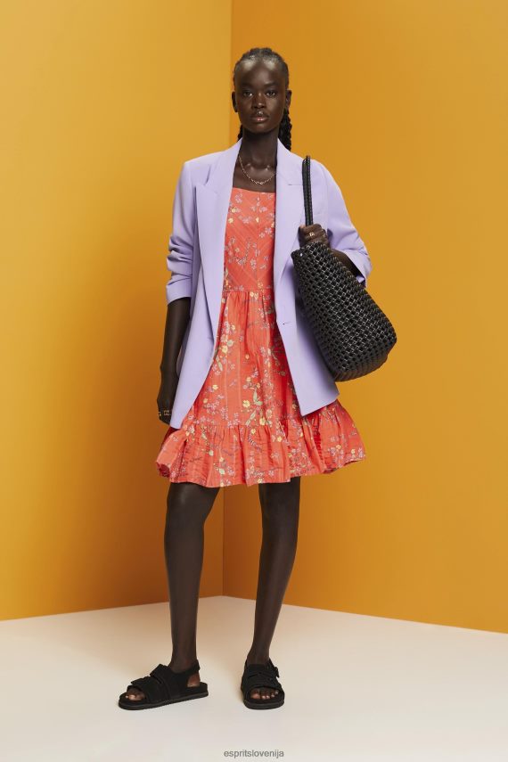 obleke sl Esprit ženske bombažna obleka s cvetličnim vzorcem do kolen koralno oranžna 6X446190