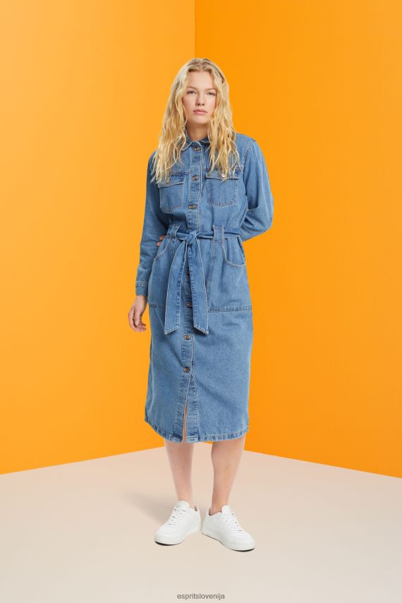 obleke sl Esprit ženske denim obleka s pasom za zavezovanje pranje modre svetlobe 6X446394