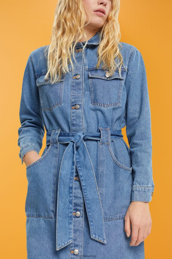 obleke sl Esprit ženske denim obleka s pasom za zavezovanje pranje modre svetlobe 6X446394