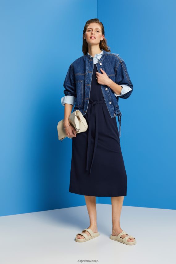obleke sl Esprit ženske midi obleka iz džersija s pasom za zavezovanje mornarica 6X44663