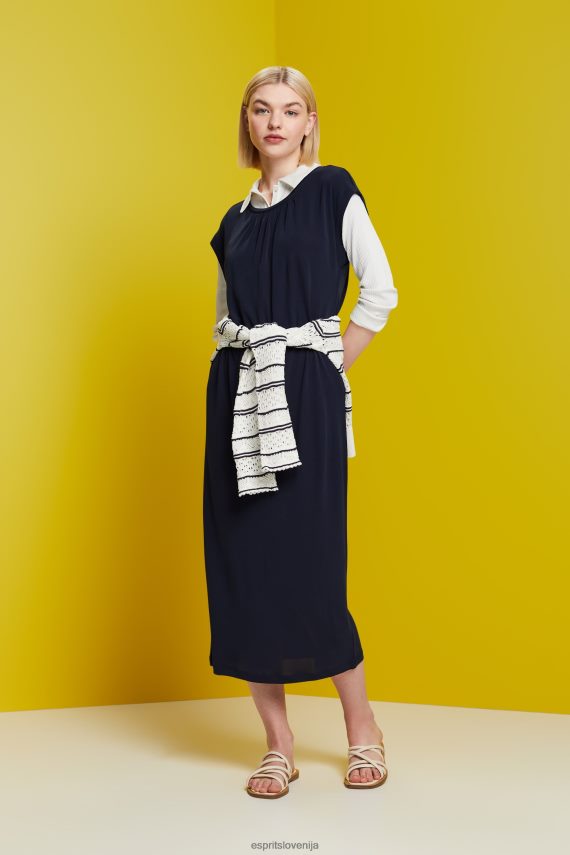 obleke sl Esprit ženske midi obleka iz krep vrvice mornarica 6X44651