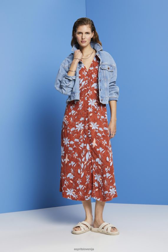 obleke sl Esprit ženske midi obleka z vzorcem po celi površini koralno oranžna 6X446188