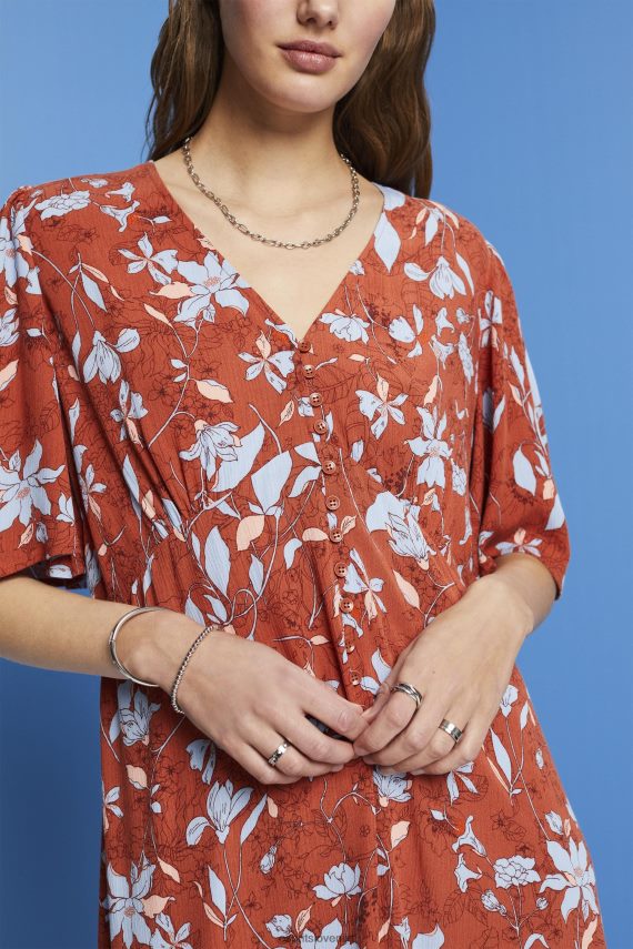 obleke sl Esprit ženske midi obleka z vzorcem po celi površini koralno oranžna 6X446188