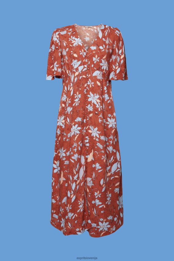 obleke sl Esprit ženske midi obleka z vzorcem po celi površini koralno oranžna 6X446188