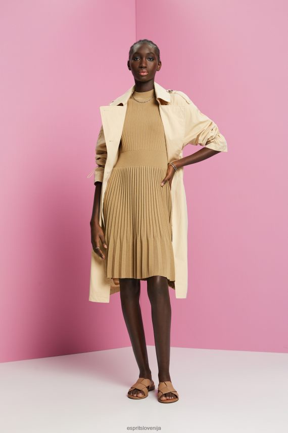 obleke sl Esprit ženske mockneck nagubana midi obleka s kratkimi rokavi kaki bež 6X446119