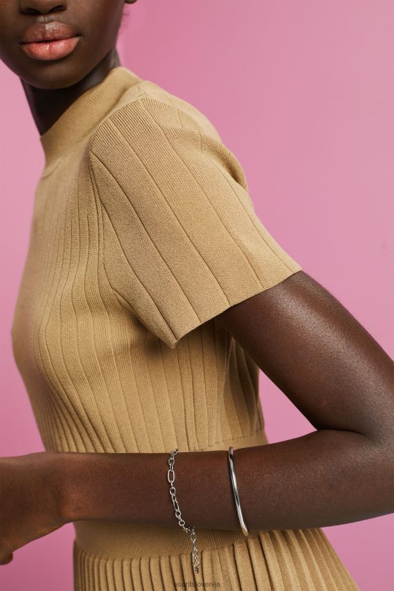 obleke sl Esprit ženske mockneck nagubana midi obleka s kratkimi rokavi kaki bež 6X446119