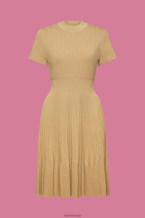 obleke sl Esprit ženske mockneck nagubana midi obleka s kratkimi rokavi kaki bež 6X446119