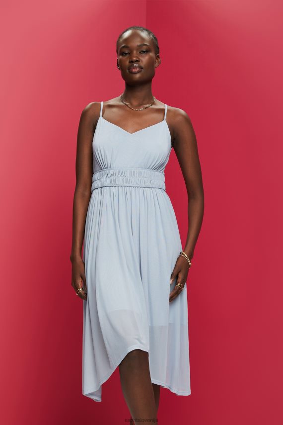 obleke sl Esprit ženske mrežasta obleka z elastiko v pasu svetlo modra sivka 6X44666