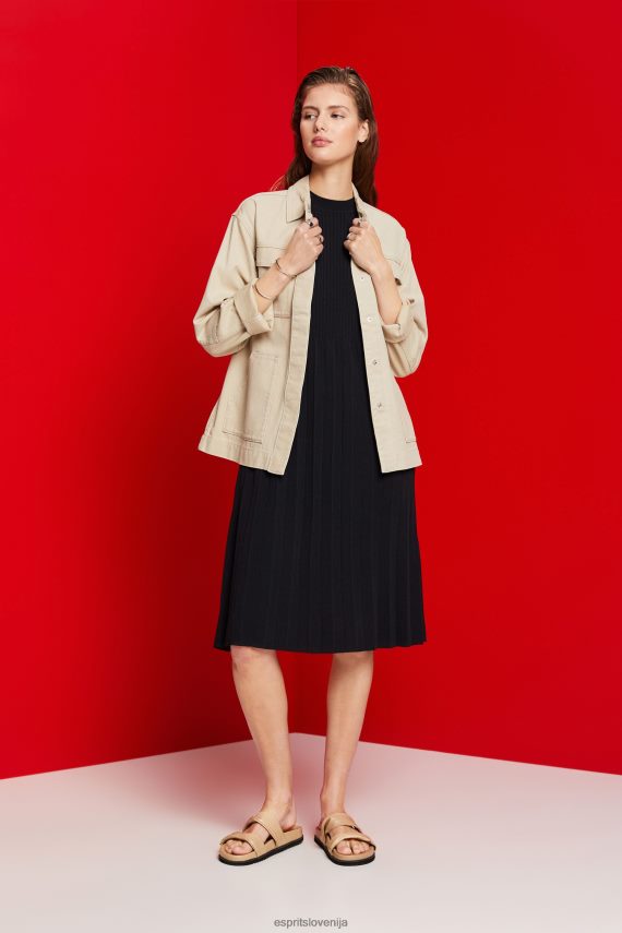 obleke sl Esprit ženske nagubana maksi obleka brez rokavov z okroglim izrezom Črna 6X446124