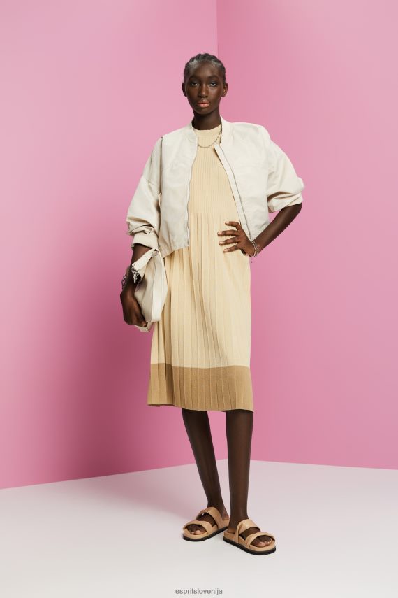 obleke sl Esprit ženske nagubana maksi obleka brez rokavov z okroglim izrezom svetlo bež 6X446125