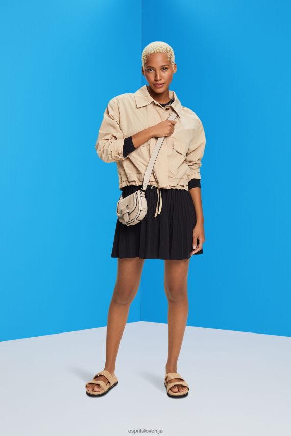 obleke sl Esprit ženske nagubana mini obleka z dolgimi rokavi in ​​okroglim izrezom Črna 6X446127