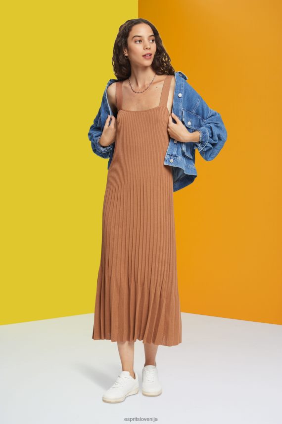 obleke sl Esprit ženske nagubana obleka z naramnicami rjav 6X446491