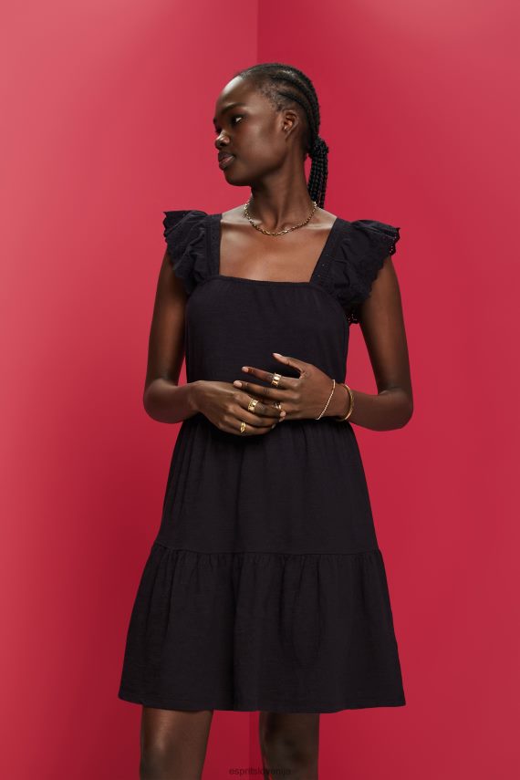 obleke sl Esprit ženske obleka iz džersija z izvezenimi čipkastimi rokavi Črna 6X44659