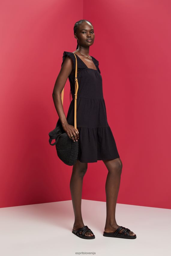 obleke sl Esprit ženske obleka iz džersija z izvezenimi čipkastimi rokavi Črna 6X44659