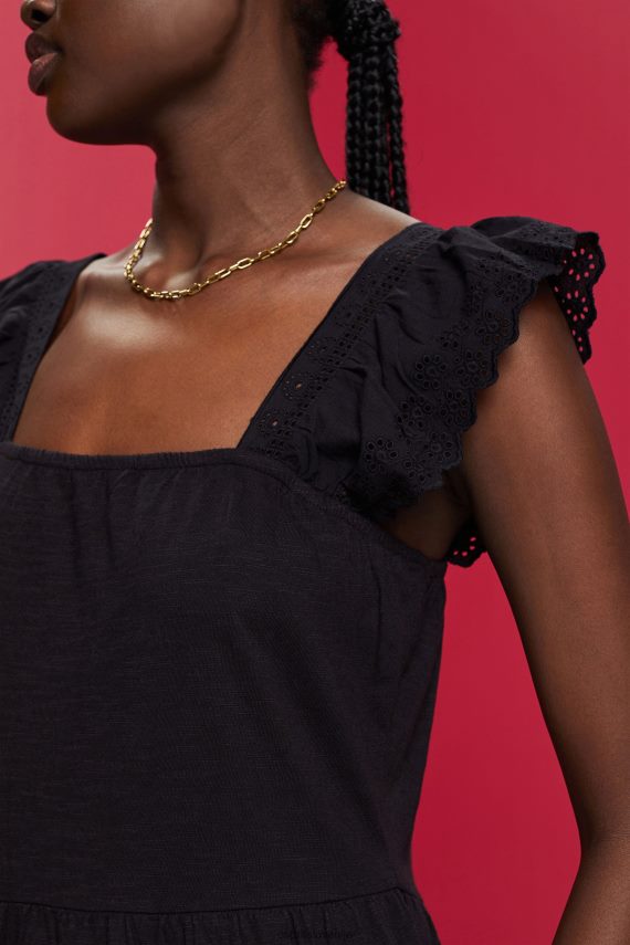 obleke sl Esprit ženske obleka iz džersija z izvezenimi čipkastimi rokavi Črna 6X44659