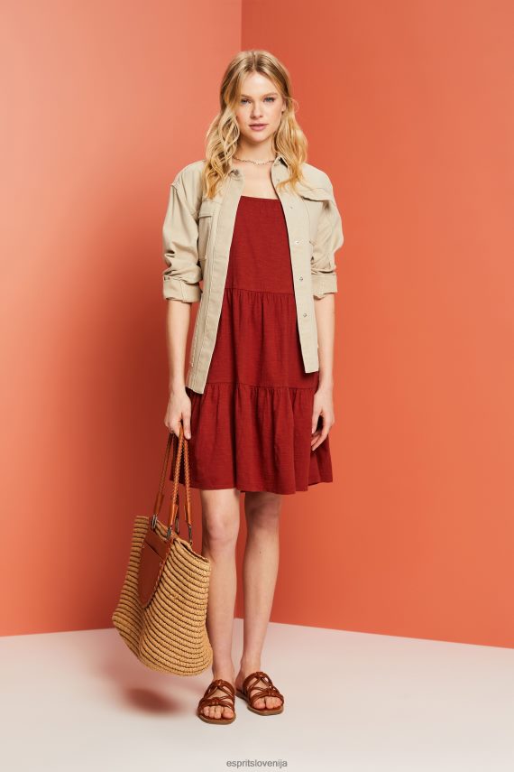 obleke sl Esprit ženske obleka iz džersija z izvezenimi čipkastimi rokavi terakota 6X44660