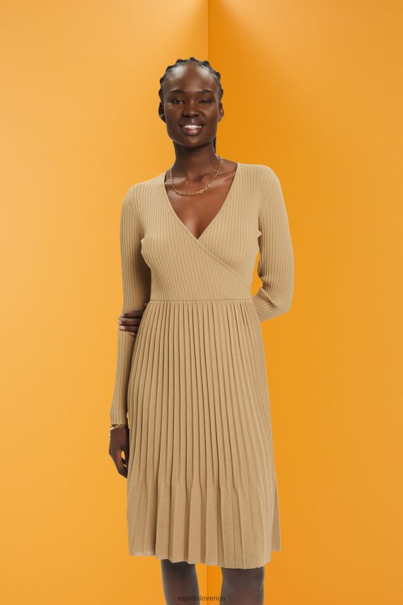 obleke sl Esprit ženske plisirana obleka z dolgimi rokavi kaki bež 6X446126