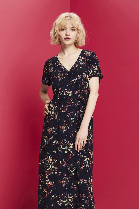 obleke sl Esprit ženske potiskana midi obleka s pasom za zavezovanje temno modra 6X446189