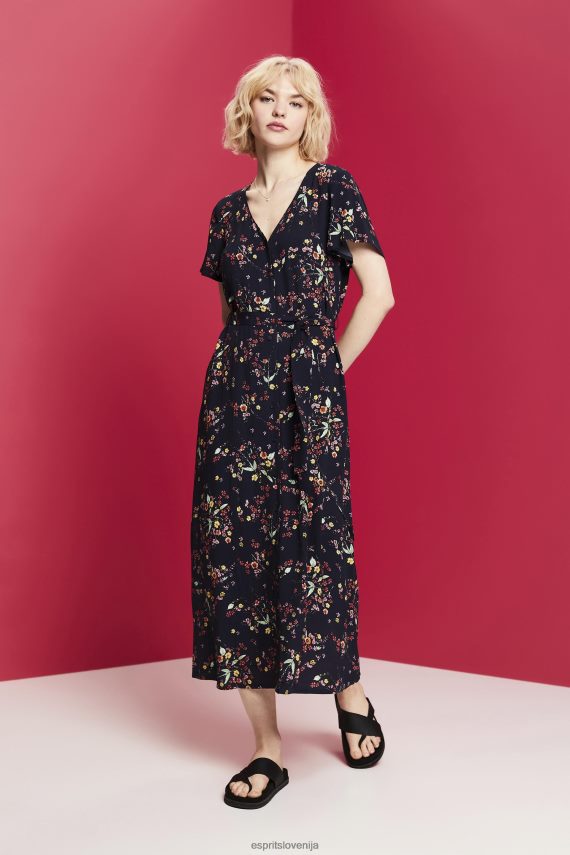 obleke sl Esprit ženske potiskana midi obleka s pasom za zavezovanje temno modra 6X446189