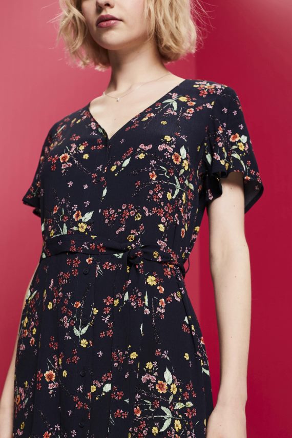 obleke sl Esprit ženske potiskana midi obleka s pasom za zavezovanje temno modra 6X446189