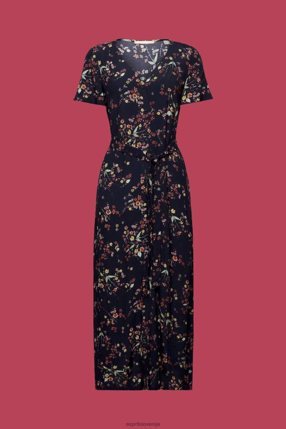 obleke sl Esprit ženske potiskana midi obleka s pasom za zavezovanje temno modra 6X446189