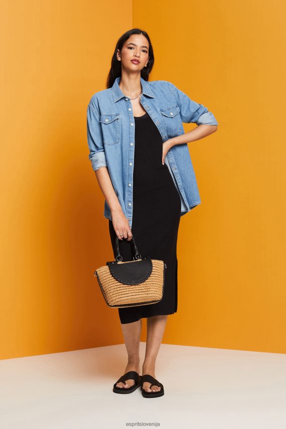 obleke sl Esprit ženske rebrasto pletena obleka, mešanica lanu Črna 6X446113