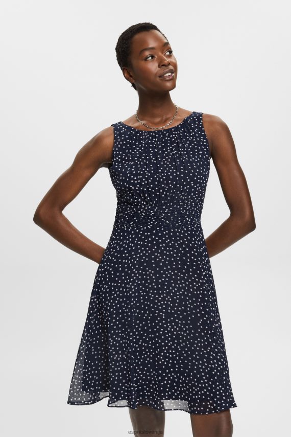 obleke sl Esprit ženske reciklirano: obleka iz šifona z nabranim pasom mornarica 6X44667