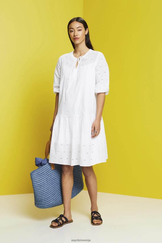 obleke sl Esprit ženske vezena obleka, 100% bombaž bela 6X446186