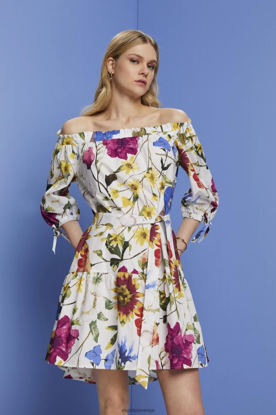 obleke sl Esprit ženske vzorčasta mini obleka iz poplina z odprtimi rameni bela 6X446178