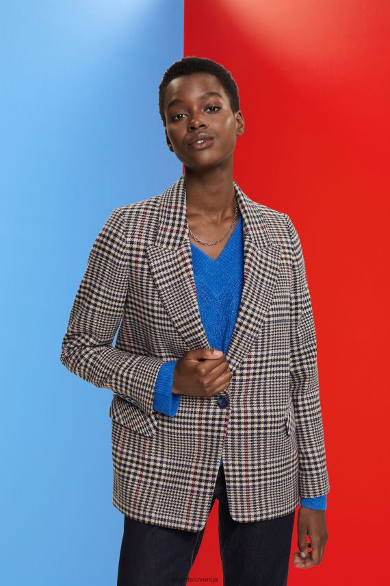 plašči sl Esprit ženske karirasti blazer iz mešane volne krem bež 6X446447