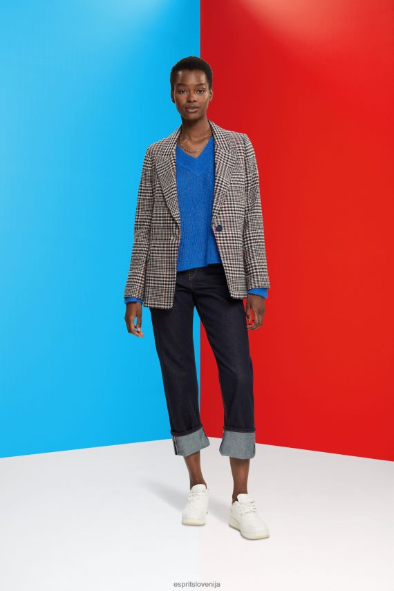 plašči sl Esprit ženske karirasti blazer iz mešane volne krem bež 6X446447