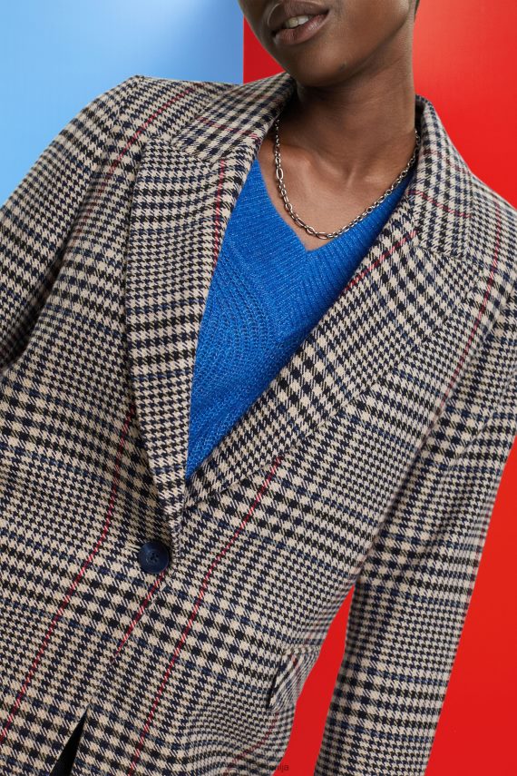 plašči sl Esprit ženske karirasti blazer iz mešane volne krem bež 6X446447