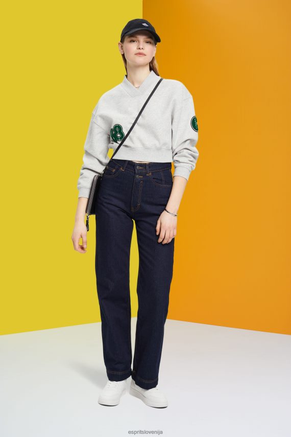 puloverji in puloverji s kapuco sl Esprit ženske skrajšan univerzitetni pulover z našitki svetlo siva 6X446418