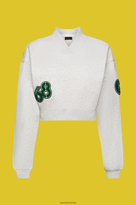 puloverji in puloverji s kapuco sl Esprit ženske skrajšan univerzitetni pulover z našitki svetlo siva 6X446418